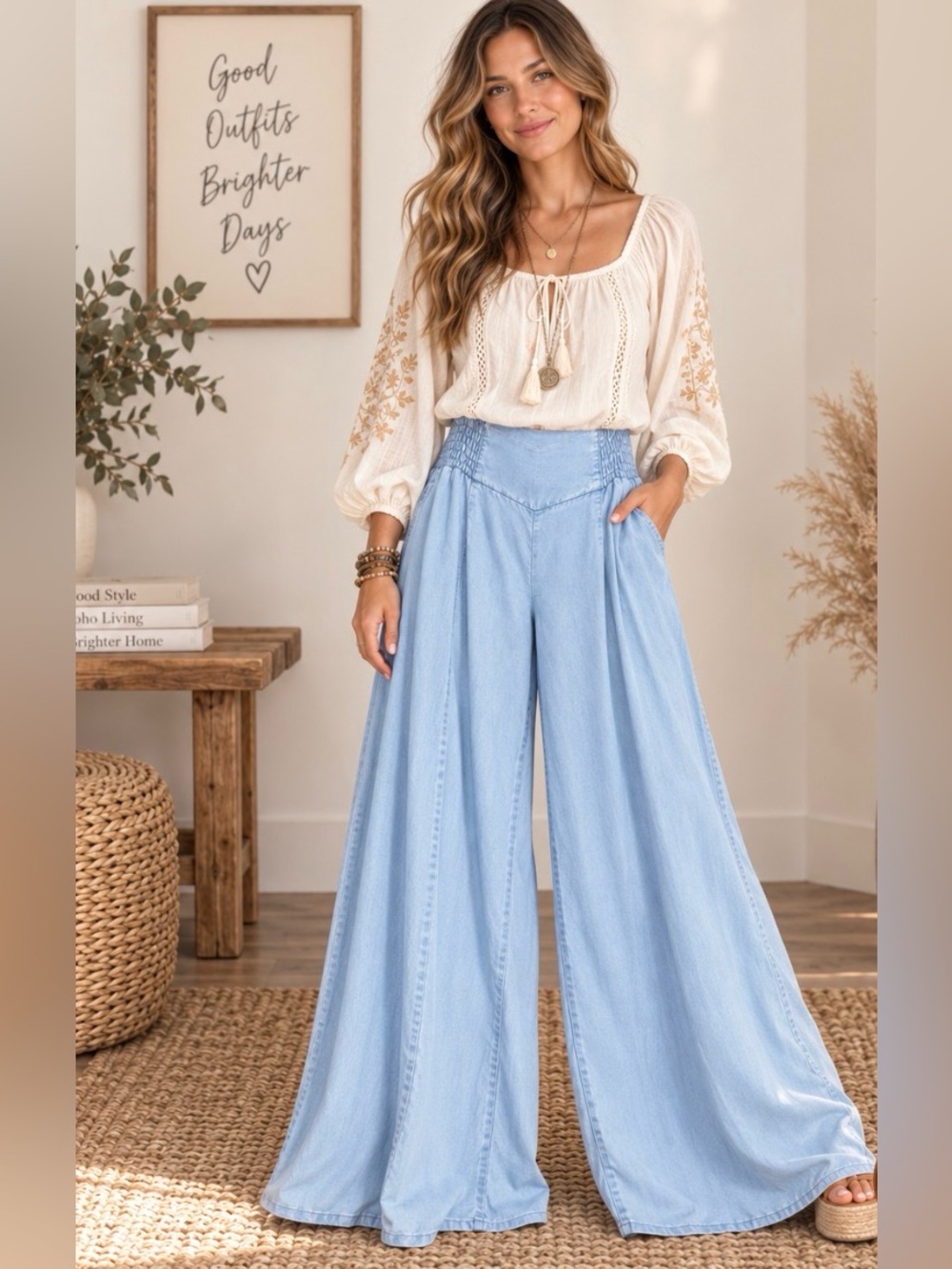 Steve Madden Light Blue Wide-Leg Jeans with Smocked Waist